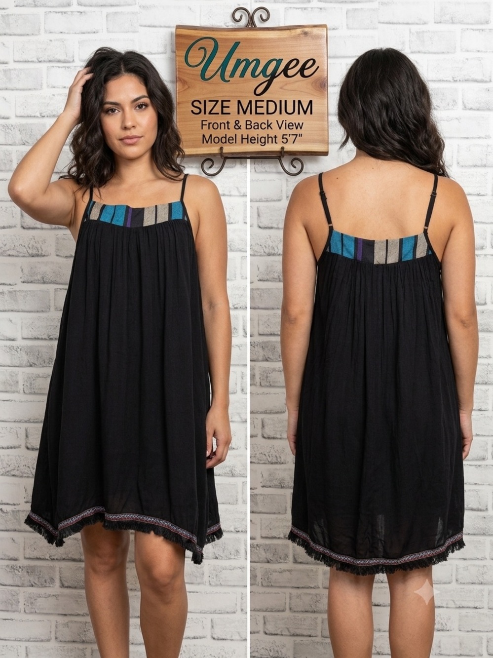 Umgee Black Boho Swing Dress Colorblock Yoke Adjustable Straps Medium